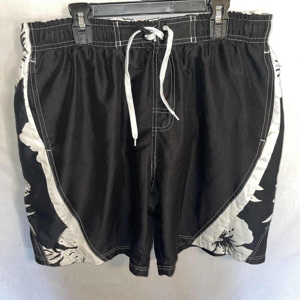 R S Surf Swim Trunks Men’s Size Large Black White Drawstring Inseam 9 Rise 12